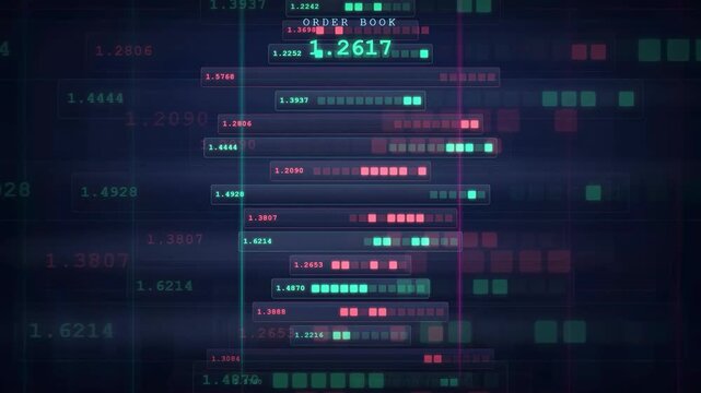 Abstract Digital Data Stream with Scrolling Financial Numbers and Binary Code on Dark Blue Background