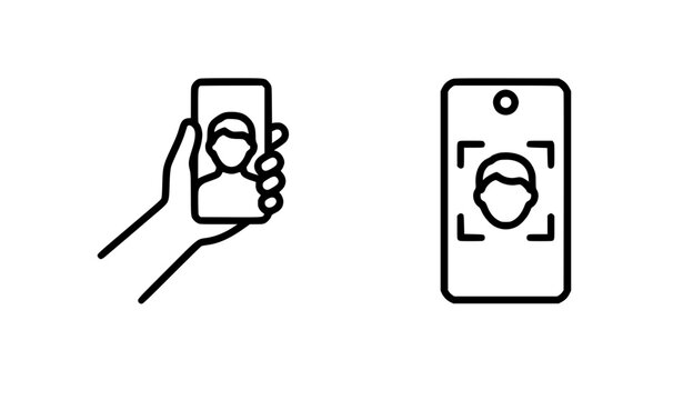Minimalist biometric mobile phone face scan line icon set featuring human hand holding smartphone portrait selfie and biometric identity verification scanning framing linear vectors.