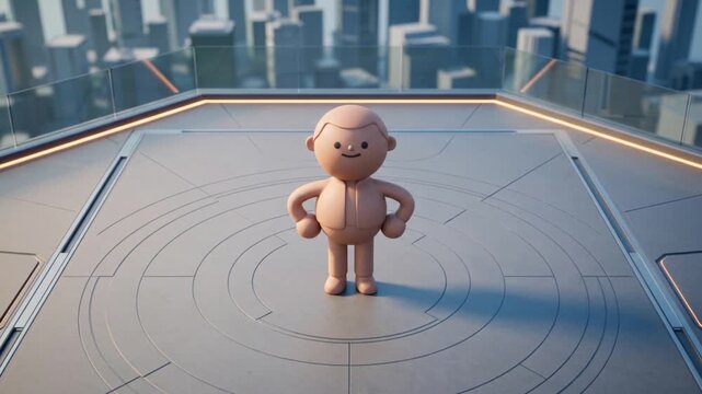 高層ビルの屋上バーティポートで姿勢を変えるかわいい粘土風キャラクターの3Dアニメーション