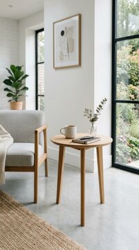 sleek modern wooden side table standing in minimalist room
