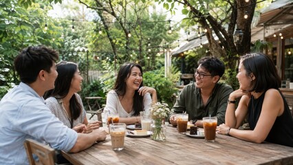 Obraz premium Five friends enjoy drinks and conversation at a rustic outdoor cafe surrounded by greenery on a sunny day.