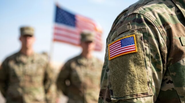 Veterans Day US Army soldier shoulder patch with American flag detail and blurred soldiers standing in formation during outdoor ceremony USA
