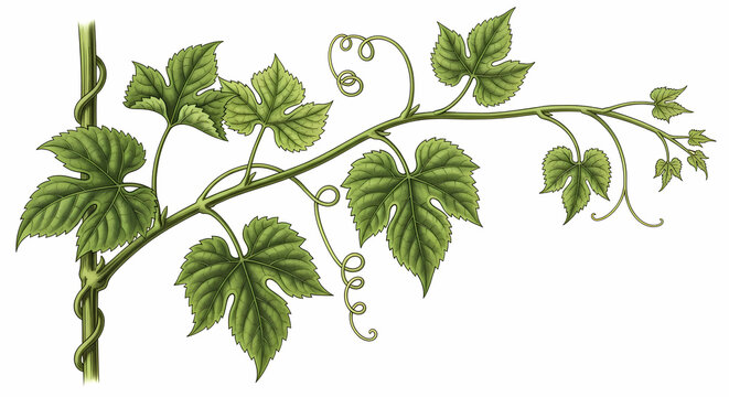 Green grapevine illustration showing detailed serrated leaves and curling tendrils isolated on a plain white background