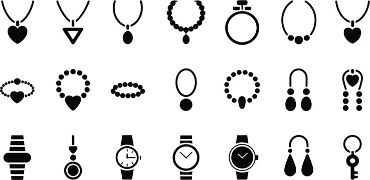 Jewelry icon featuring black silhouettes of necklaces, bracelets, earrings, rings, and watches for fashion and luxury design.