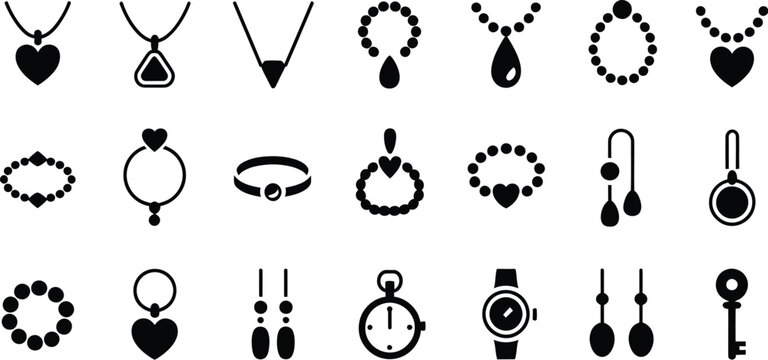 Jewelry icon featuring black silhouettes of necklaces, bracelets, earrings, rings, and watches for fashion and luxury design.