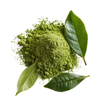 Green tea powder and green tea leaves are arranged on a white surface for presentation and display