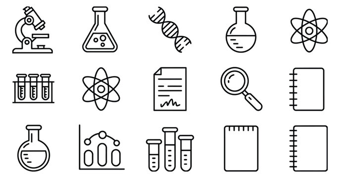 Science Research Icon set, laboratory microscope and experiment symbols, editable outline stroke style for medical analysis, education and scientific study vector design.