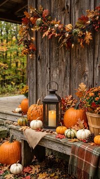 rustic wooden background decorated with autumn pumpkins and lantern