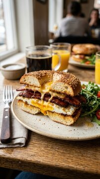 toasted breakfast bagel sandwich with melted cheese bacon and egg