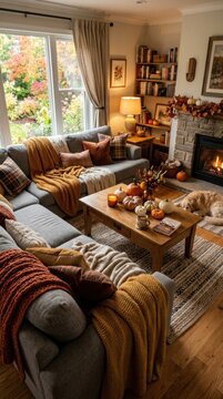 cozy living room scene with pumpkins sectional sofa warm textiles