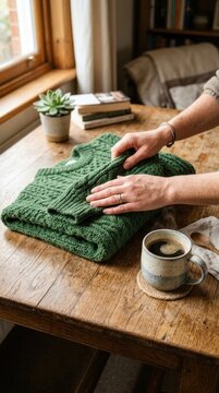 hands folding green knitted sweater on wooden table near cup
