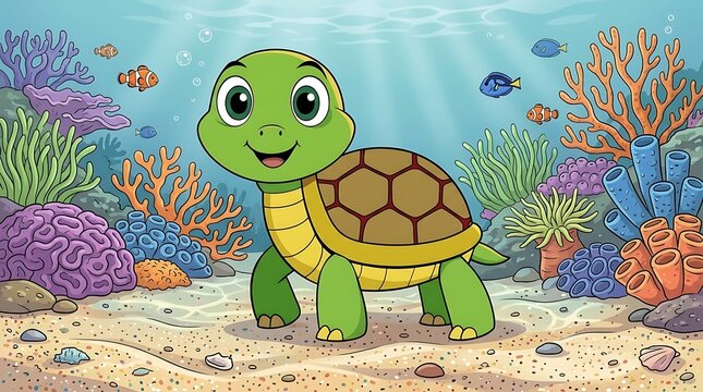 Cute Sea Turtle Cartoon Character Illustration: Underwater World with Coral Reef, Tropical Fish, and Sea Floor for Children's Book Design