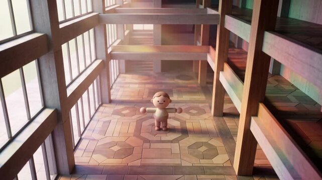 近代建築のオープン空間で両手を広げるかわいい粘土風キャラクターの3Dアニメーション