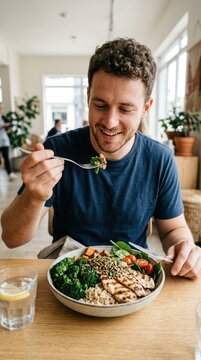 man eating healthy meal bowl with grilled chicken and broccoli