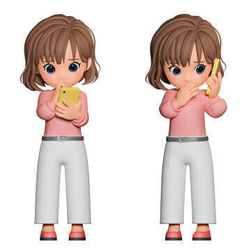 3D CG｜Young Japanese Woman Looking at Her Smartphone with a Worried Expression