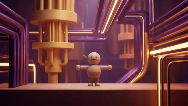 量子コンピューターの内部世界で両手を広げるかわいい粘土風キャラクターの3Dアニメーション