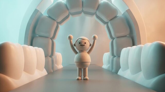 歯冠アーチ構造の口腔バイオ空間で両手を挙げるかわいい粘土キャラクターの3Dアニメーション