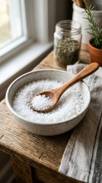 white salt crystals inside a ceramic bowl with wooden spoon