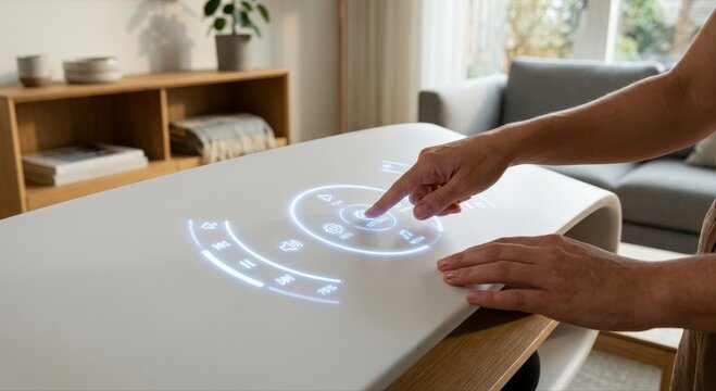 Close-up of a hand interacting with a futuristic smart coffee table featuring a glowing interactive touchscreen display with various icons
