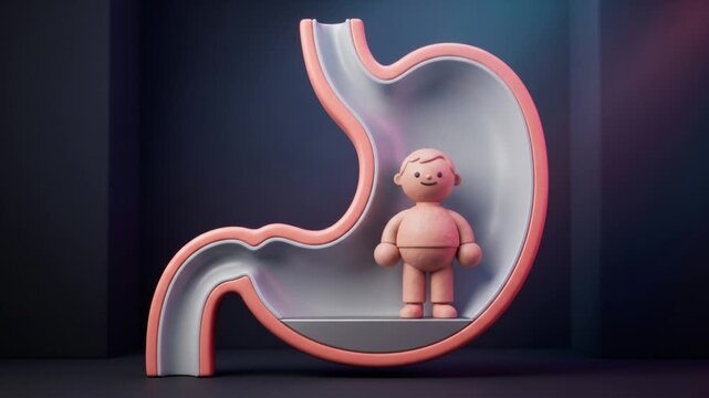 胃の断面構造オブジェの内部で直立するかわいい粘土キャラクターの3Dアニメーション