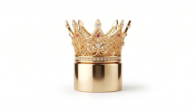 Golden royal crown with intricate filigree, luxury gold tiara with diamonds and rubies, majestic jewelry for king or queen isolated PNG with Transparent Background