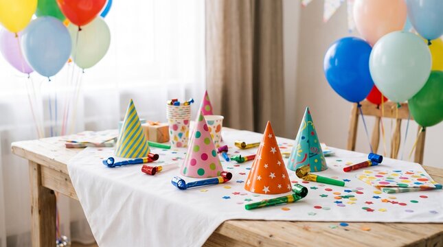 Colorful birthday party table decoration with festive hats balloons and noisemakers for kids celebration at home