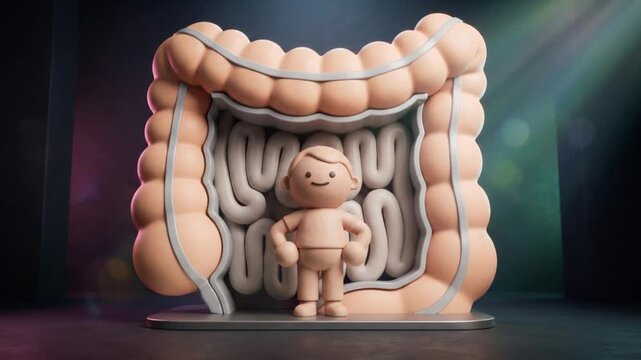 腸構造オブジェの内部で直立姿勢をとるかわいい粘土キャラクターの3Dアニメーション