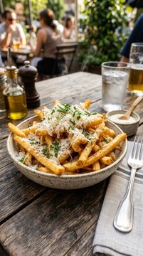 golden french fries with parmesan cheese and herbs on table