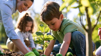 Fototapeta premium Children and adult working together to plant trees in a park during a sunny day