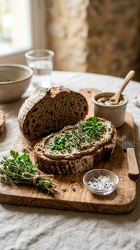crusty rustic bread spread with creamy liver pate and herbs