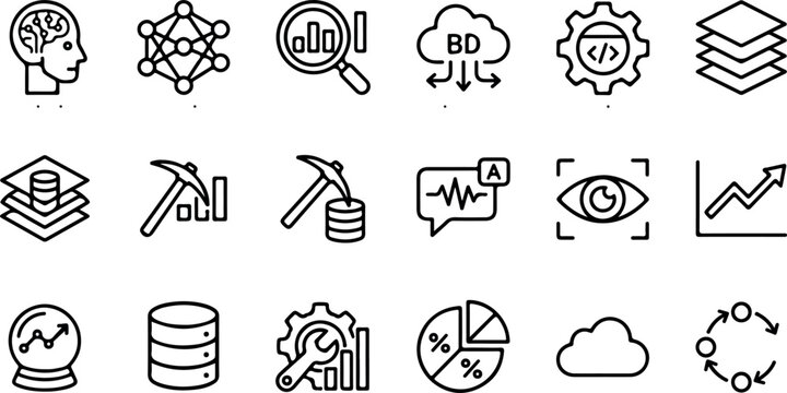 Artificial intelligence core capabilities and data science infrastructure black outline icons mega set