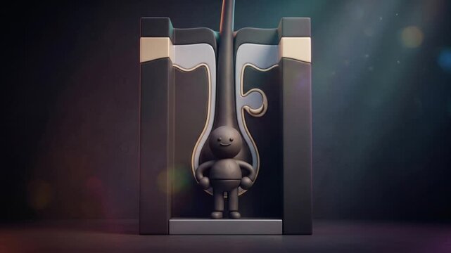 毛包と頭皮の断面構造オブジェ内で直立する粘土キャラクターの3Dアニメーション