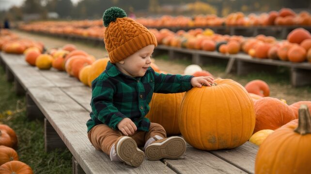 Thanksgiving Toddler boy in orange knit hat sitting on bench at pumpkin patch during autumn harvest season USA