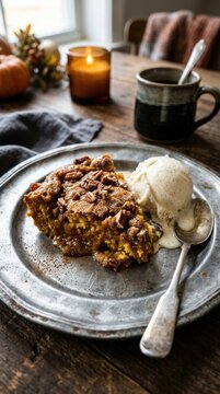 pumpkin dump cake with ice cream on metal plate surface