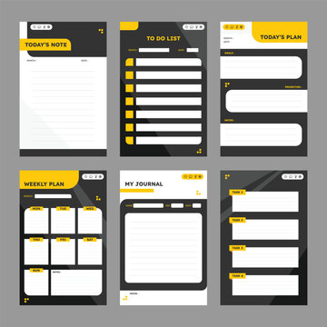 Planner page layouts with rectangular fields and yellow accents are presented in a vector illustration
