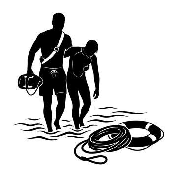 Lifeguard helping exhausted swimmer out of water with rescue buoy and rope