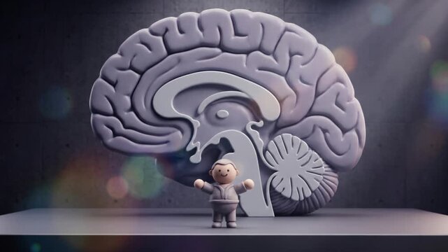 脳断面オブジェを背景に両手を広げるかわいい粘土キャラクターの3Dアニメーション