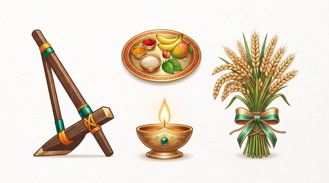 Hala Shashti traditional Hindu festival symbol set with wooden plough, oil lamp, rice sheaf and ceremonial agricultural elements