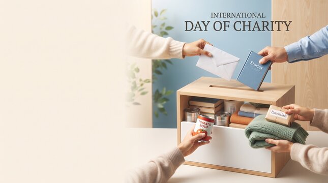 Hands placing donated items into a charity box representing generosity, community support, humanitarian aid and charitable giving