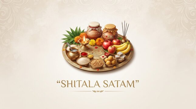 Shitala Satam puja thali with traditional Indian sweets, fruits, flowers and festive offerings arranged on a clean background