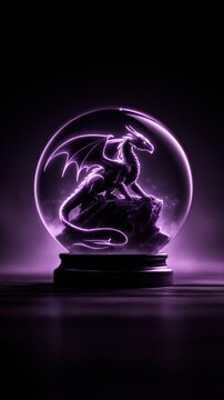 Glowing Purple Dragon inside a Glass Sphere on Black Background