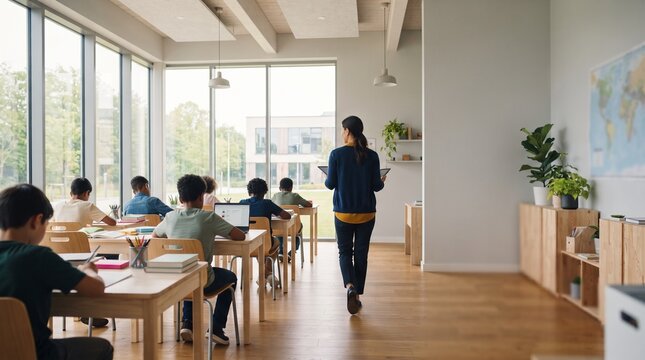 Teacher walking through a bright classroom with students during a modern education and learning session
