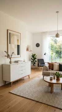 stylish modern minimalistic living room interior with white wooden commode
