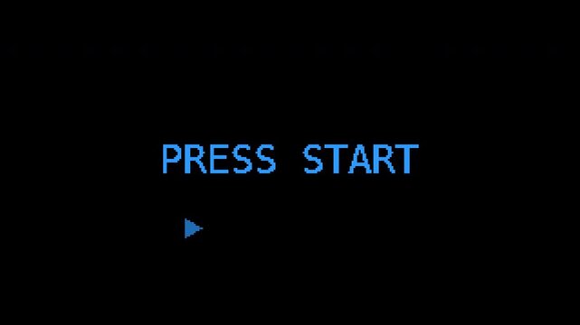 Seamless retro pixel press start blinking text in blue with transparent background