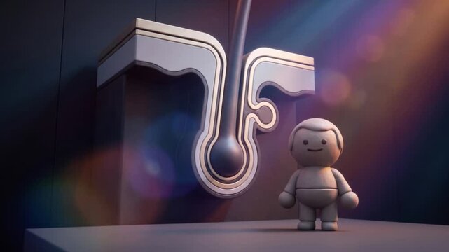 毛包と頭皮の断面構造オブジェを背に直立する粘土キャラクターの3Dアニメーション