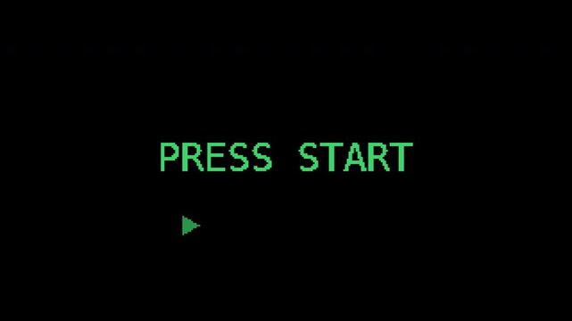 Seamless retro pixel press start blinking text in green with transparent background