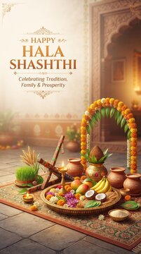  Vertical Hala Shashti Hindu festival poster with traditional puja arrangement, decorated wooden plough, harvest foods and village setting