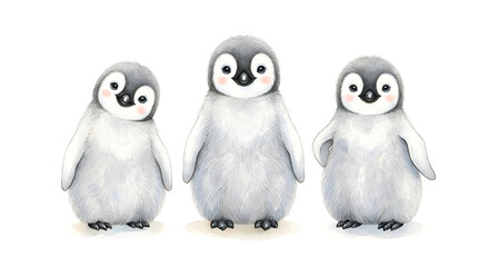 Fototapeta premium Cute group of three little penguins standing in a watercolor painting style on white