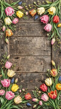 tulip blossom flowers on vintage wooden background border frame design