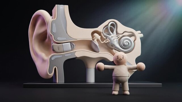 耳と補聴器の断面構造オブジェを背景に両手を広げる粘土キャラクターの3D動画
